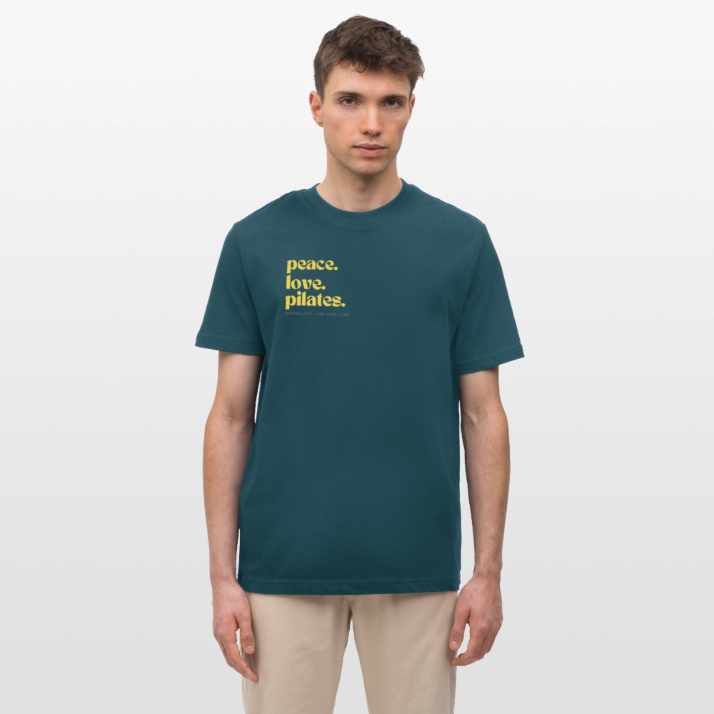 Statement-Shirt „peace. love. pilates.“ – Bio-T-Shirt SPARKER - Dunkles Petrol