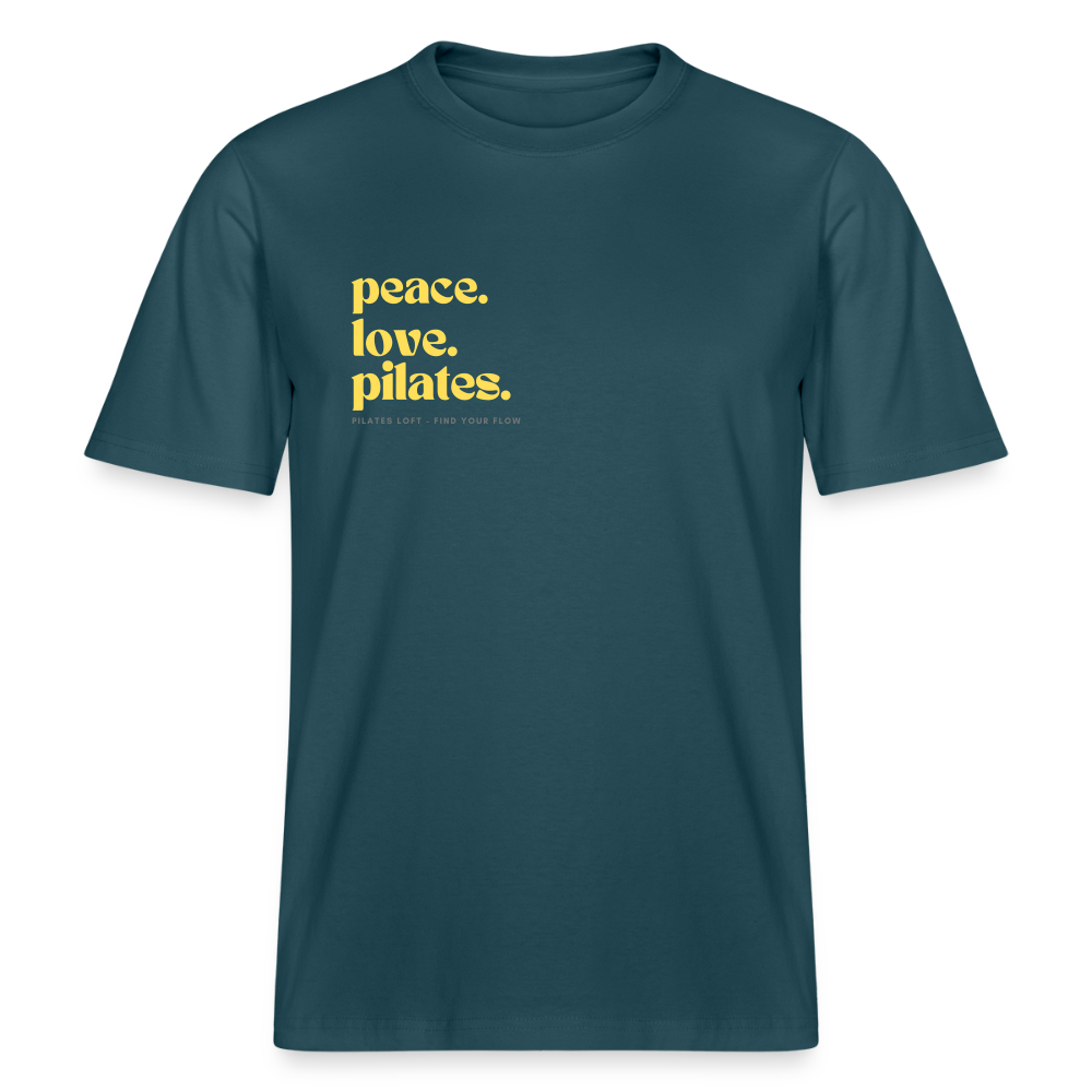 Statement-Shirt „peace. love. pilates.“ – Bio-T-Shirt SPARKER - Dunkles Petrol